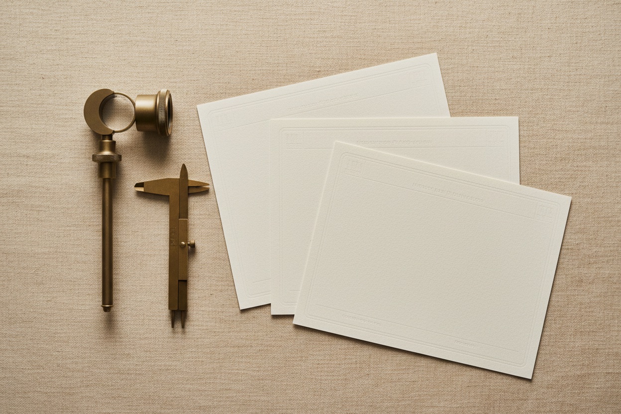 Editorial flat-lay of assorted diamond parcel papers and a jeweler's loupe fanned out on warm oat linen, styled with brass accents