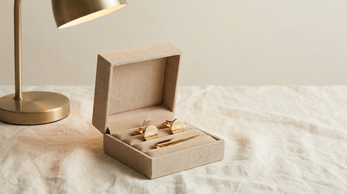 Men's signet rings, cufflinks, and chain bracelets styled on warm linen
