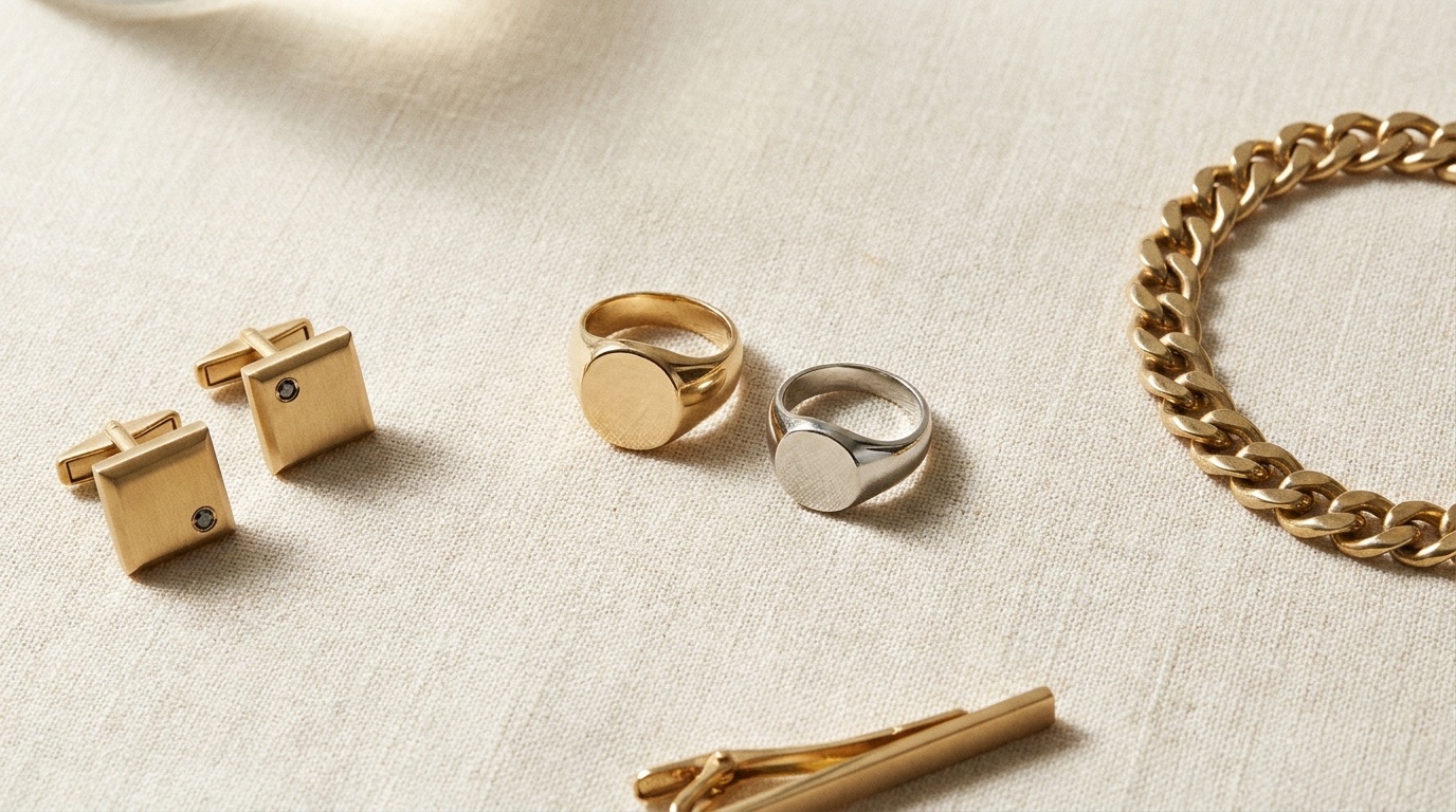 Finished custom cufflinks and tie bar set presented for delivery