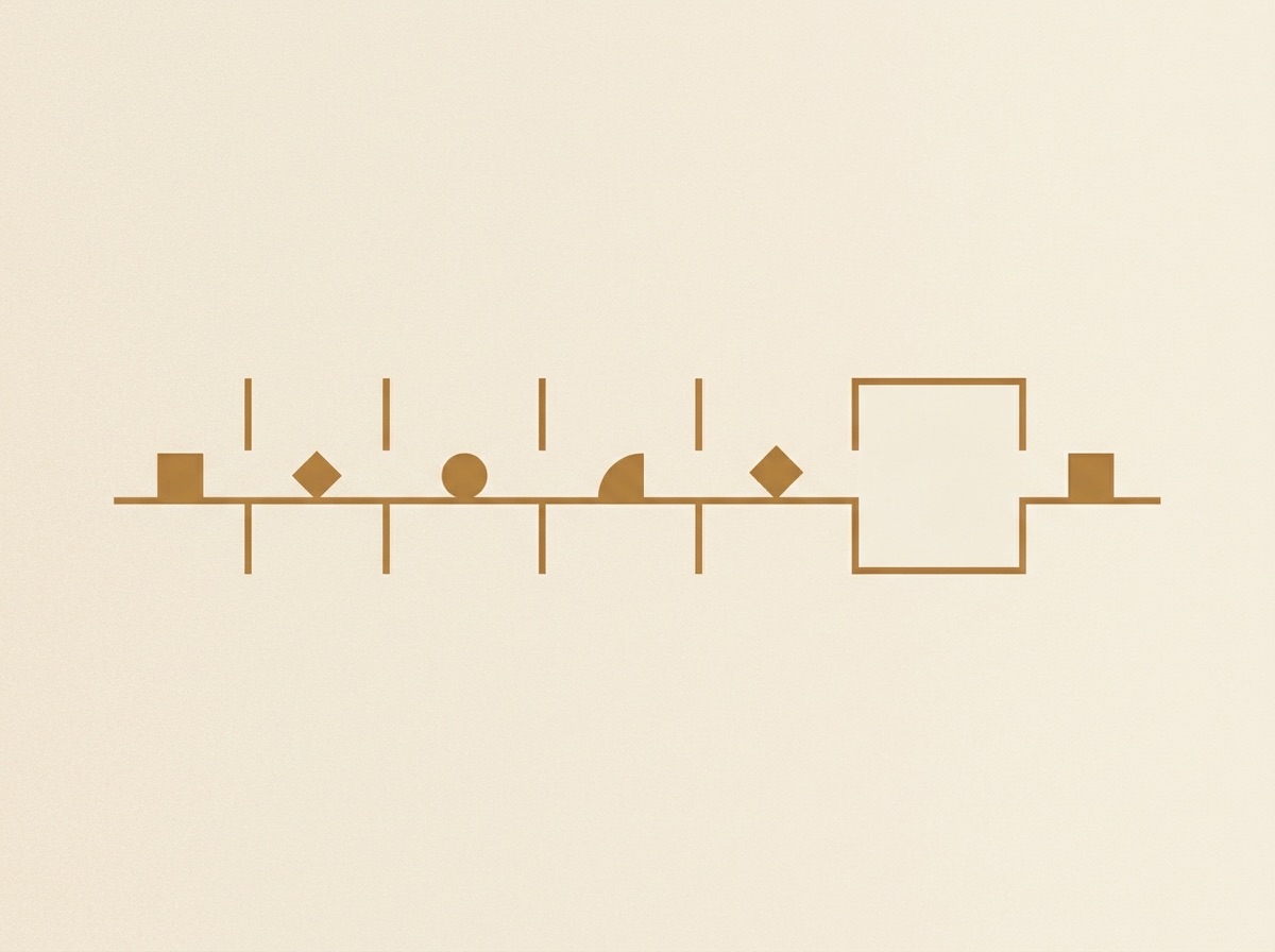 Abstract flat geometric workflow diagram of connected checkpoint nodes along a timeline, one node highlighted larger