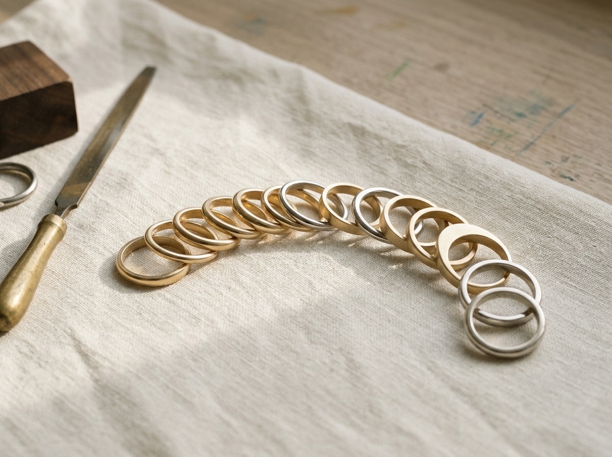 Three raw jewelry metal ingots — pale yellow gold, deeper yellow gold, and platinum — on a cream linen surface