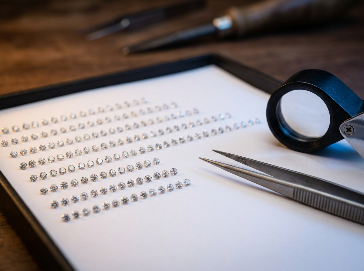 Sorting tray of natural melee diamonds graded by size on white grading paper with a loupe and tweezers