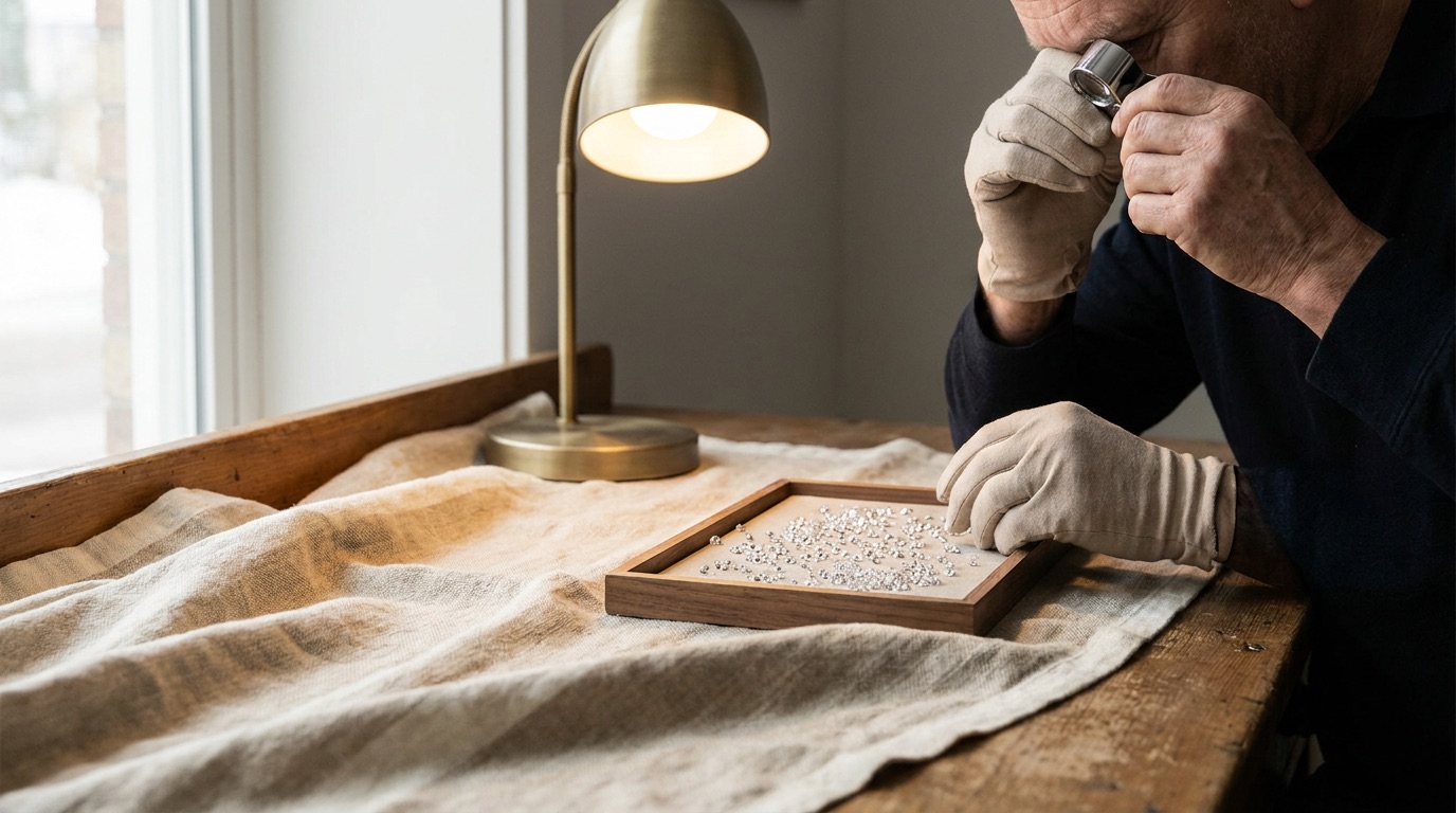 Jeweler comparing a printed wholesale diamond list against certified loose stones shipped from US-held inventory