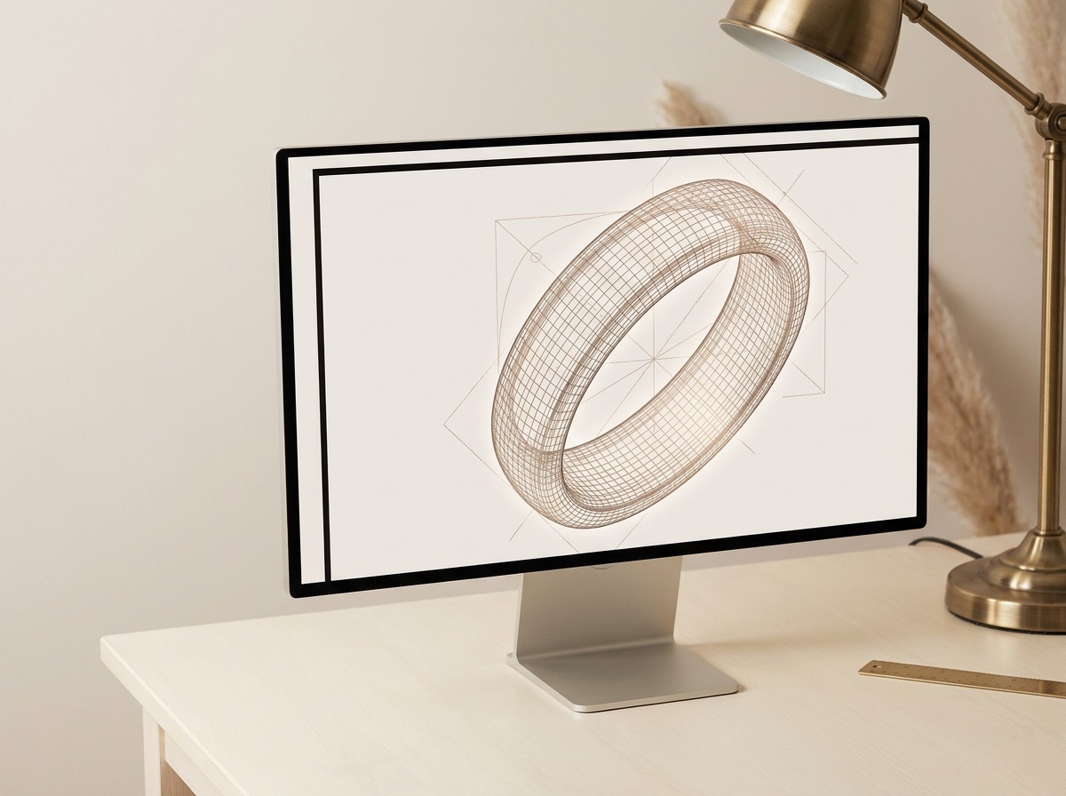 Three printed CAD render sheets fanned across a cream linen desk, showing top-down, profile, and cross-section diagrams