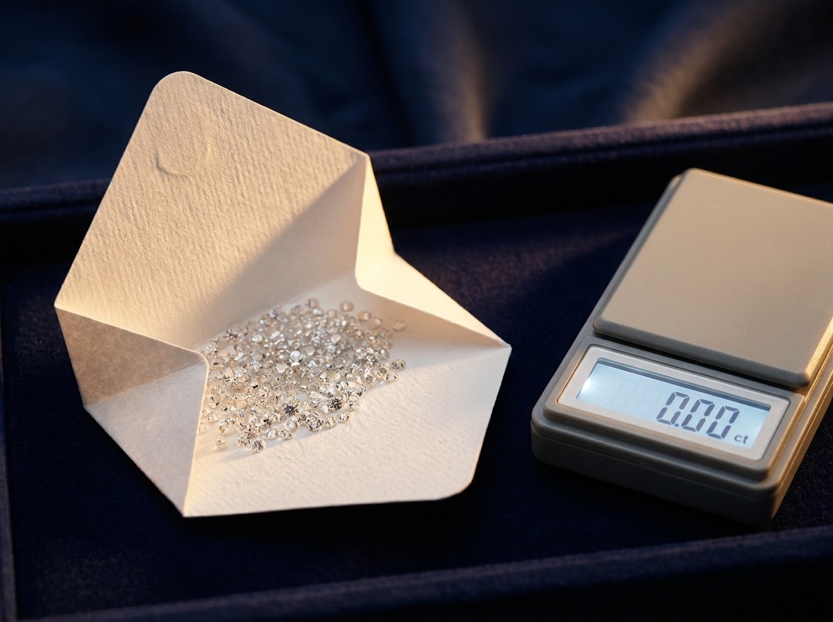 A folded diamond parcel paper with loose natural melee diamonds beside a digital carat scale, ready to ship