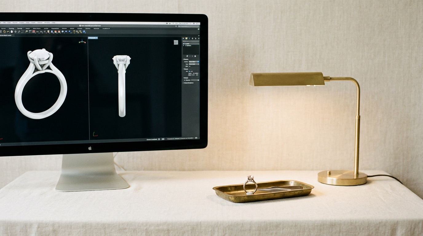 Jeweler and client reviewing a photorealistic CAD ring render together on a tablet