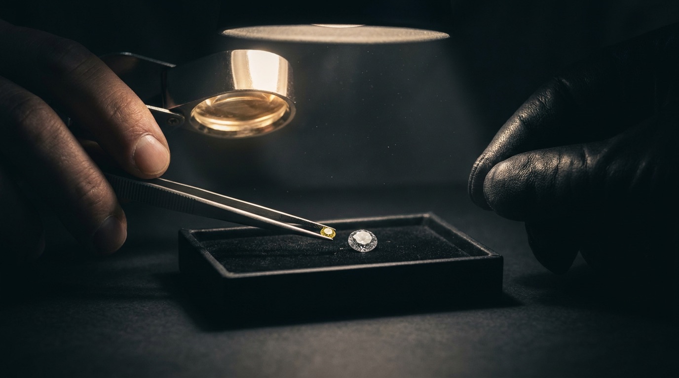 Calibration gauge measuring a small fancy color melee diamond against a millimeter tolerance on a cream sorting tray