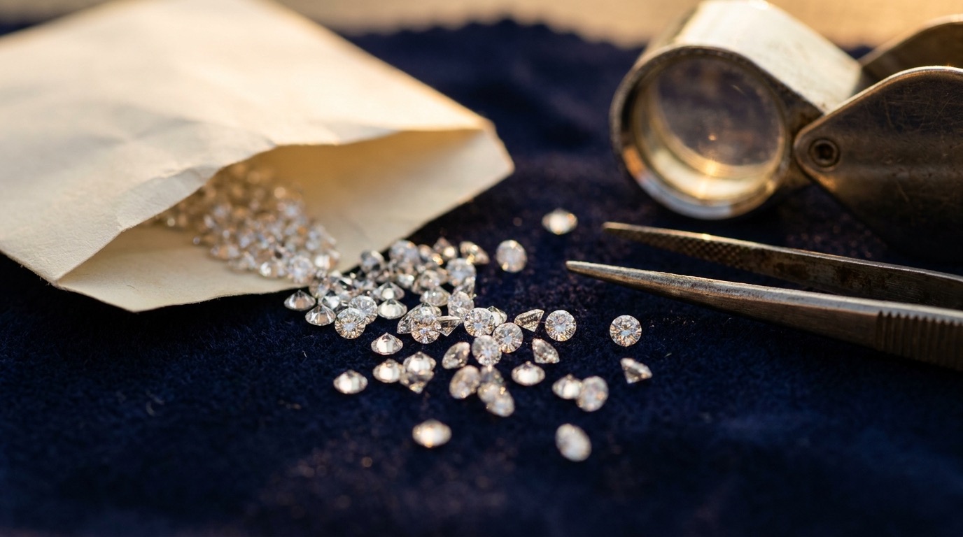 Loose round natural melee diamonds spilling from a parcel paper on navy velvet beside a loupe and tweezers