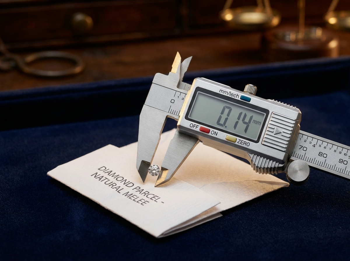 caliper measuring a loose natural melee diamond on a diamond trade paper packet, trade editorial still life