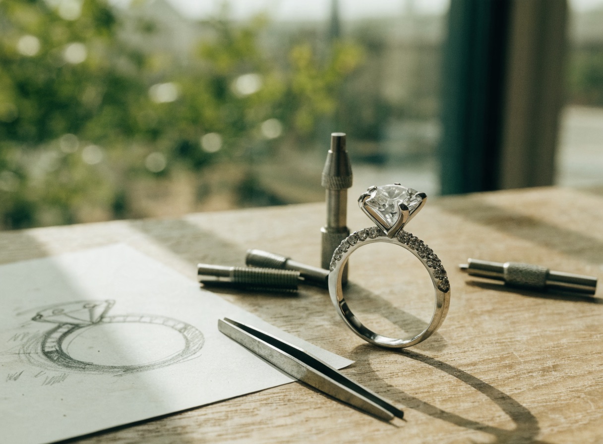 A finished diamond engagement ring on a wooden workbench beside a pencil sketch of a ring design and small jewelry tools