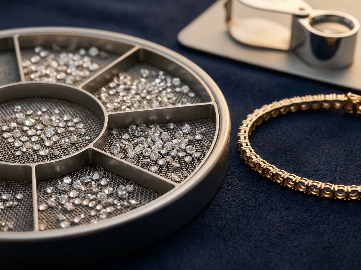 Loose round natural melee diamonds sorted by sieve size next to a tennis bracelet mounting blank, wholesale sourcing macro