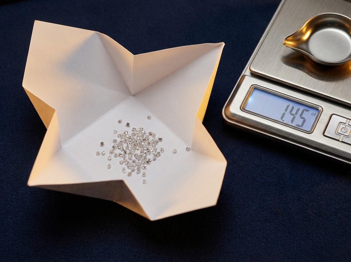 A folded diamond parcel paper with loose melee diamonds beside a digital carat scale on a trade desk, ready to ship