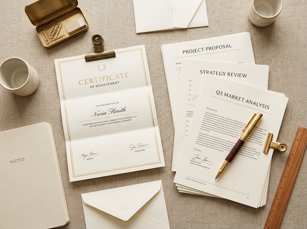 Still-life editorial photo of a velvet ring tray and a trade-up program folder on a desk