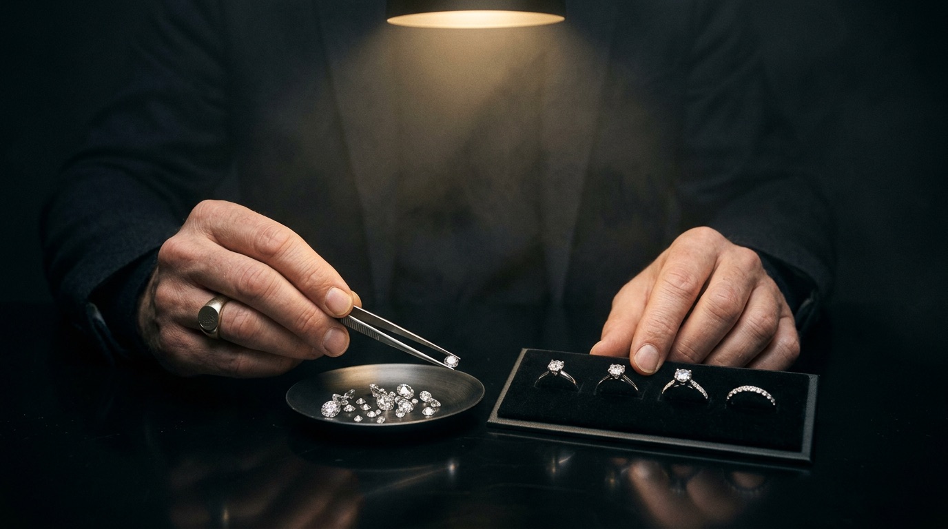 Loose certified diamonds arranged next to a finished custom engagement ring on a jeweler's cloth, illustrating the two different wholesale pricing models