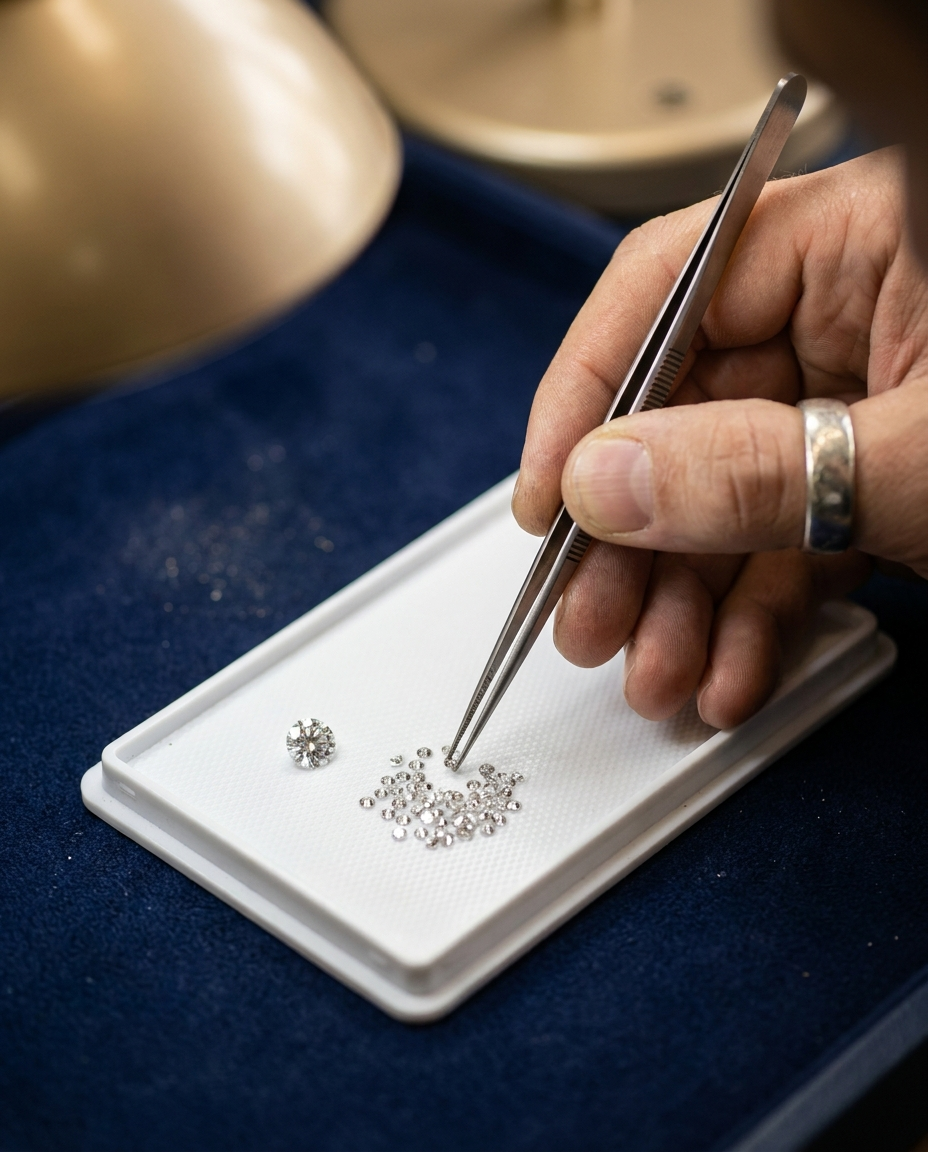 Jeweler sorting loose natural melee diamonds against a master comparison stone with tweezers
