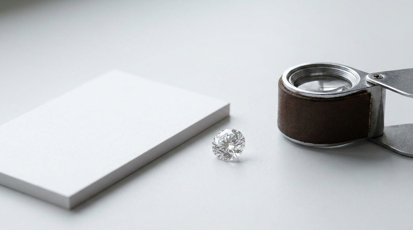 Certified loose diamond resting beside a blank certificate card and a jeweler's loupe on a clean white surface