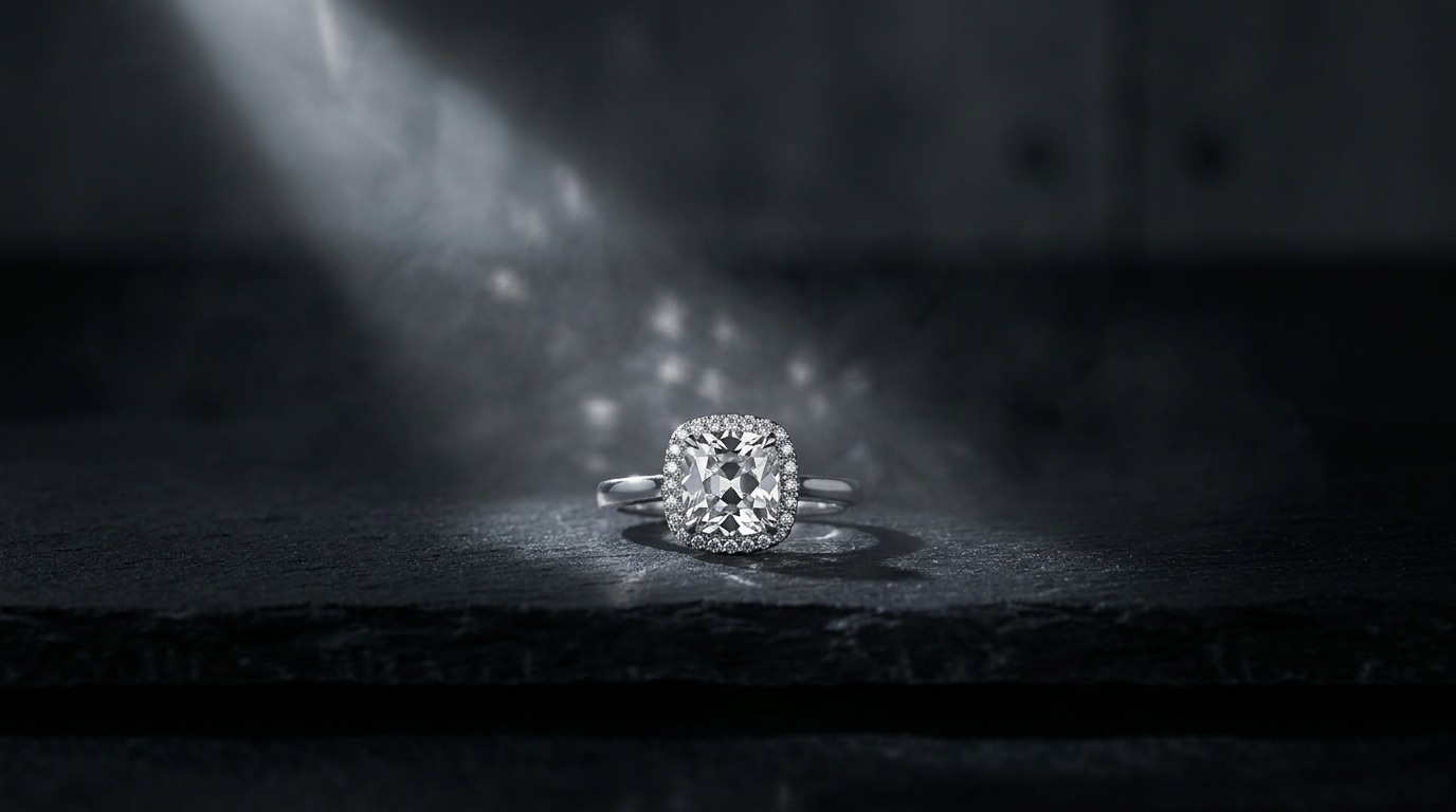 Editorial flat-lay of a loose antique-cut heirloom diamond and an old jewelry setting on cream linen beside a jeweler's loupe and gauge