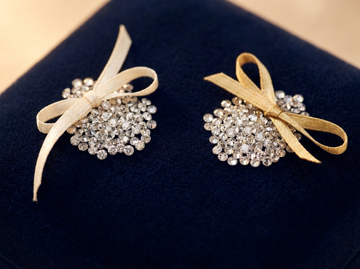Two separate small parcels of loose round melee diamonds kept apart on navy velvet, each parcel distinctly bundled, representing origin segregation between natural and lab-grown melee
