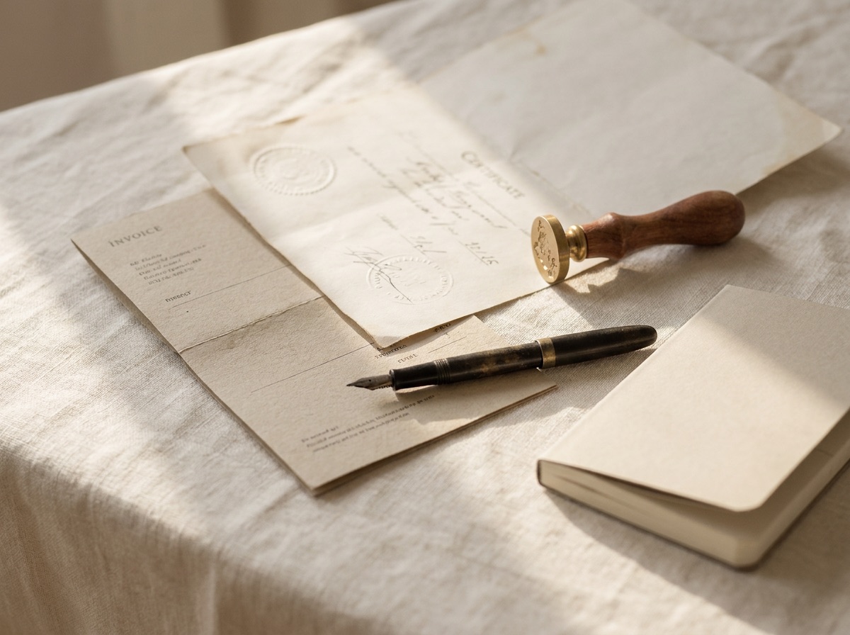 Editorial flat lay of point-of-sale jewelry paperwork including a certification document, invoice, and wax seal on a cream linen surface