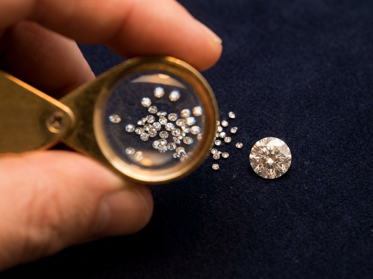 Loupe held over a parcel of loose melee diamonds beside a single labeled master reference stone for color and clarity comparison