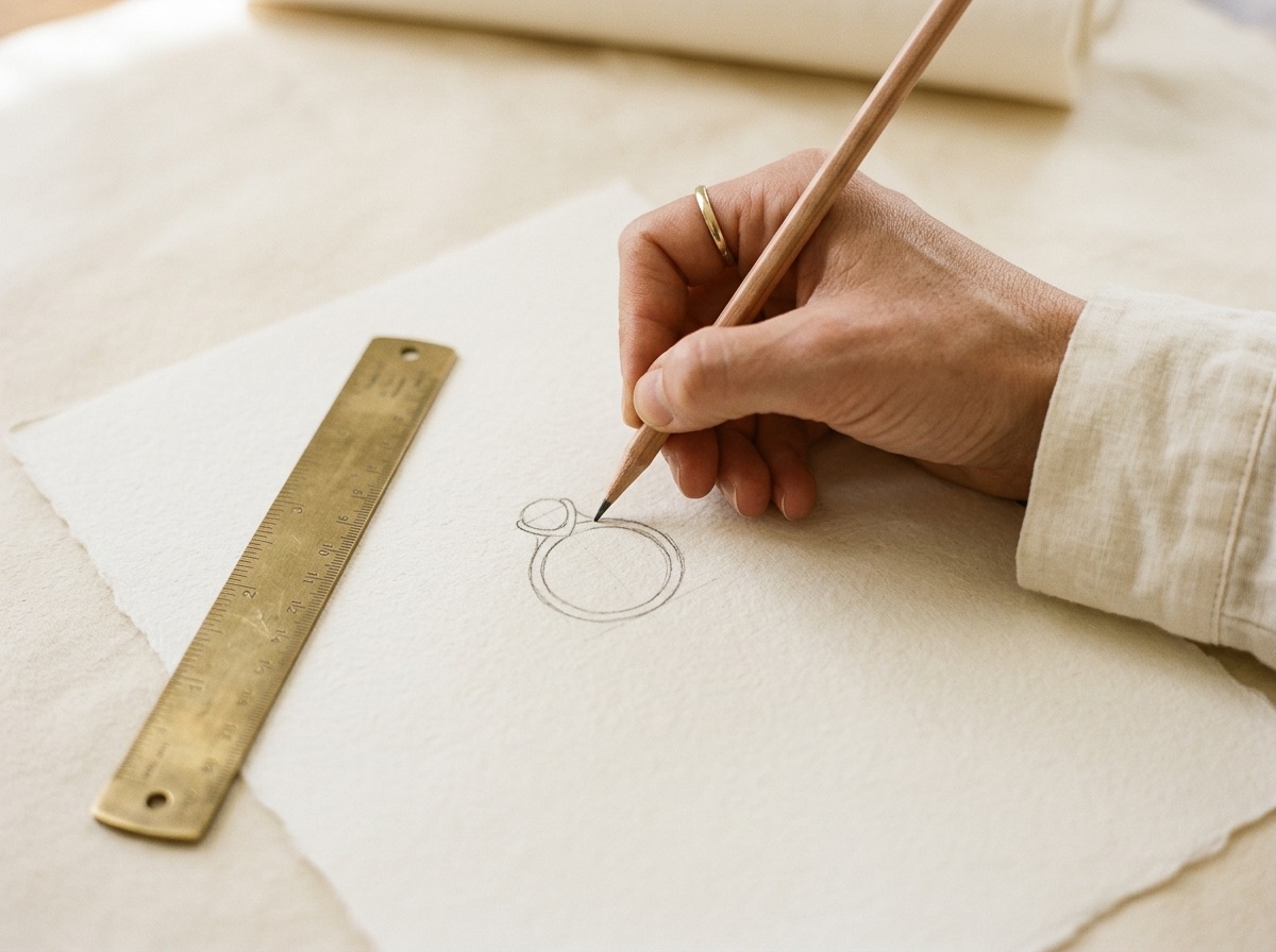 Close-up of brass jeweler's bench tools including pliers and a ring sizing gauge on a suede work mat