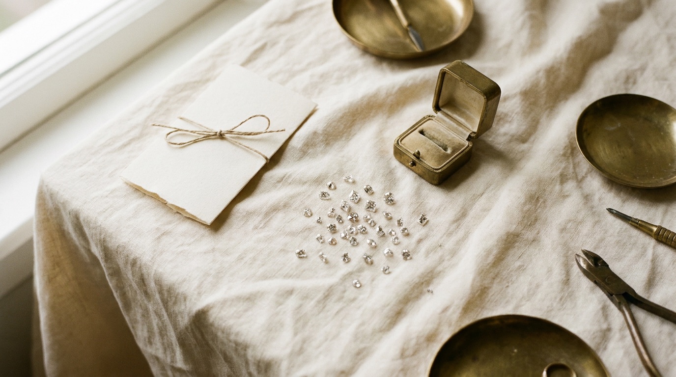 Loose diamonds and a jeweler's loupe arranged on a linen surface, representing wholesale diamond quality control