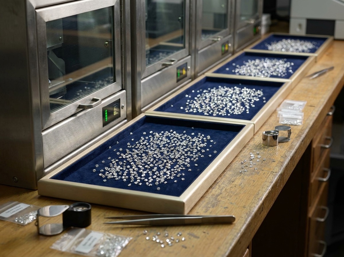 Multiple trays of loose natural melee diamonds queued for automated bulk screening on a gem lab bench
