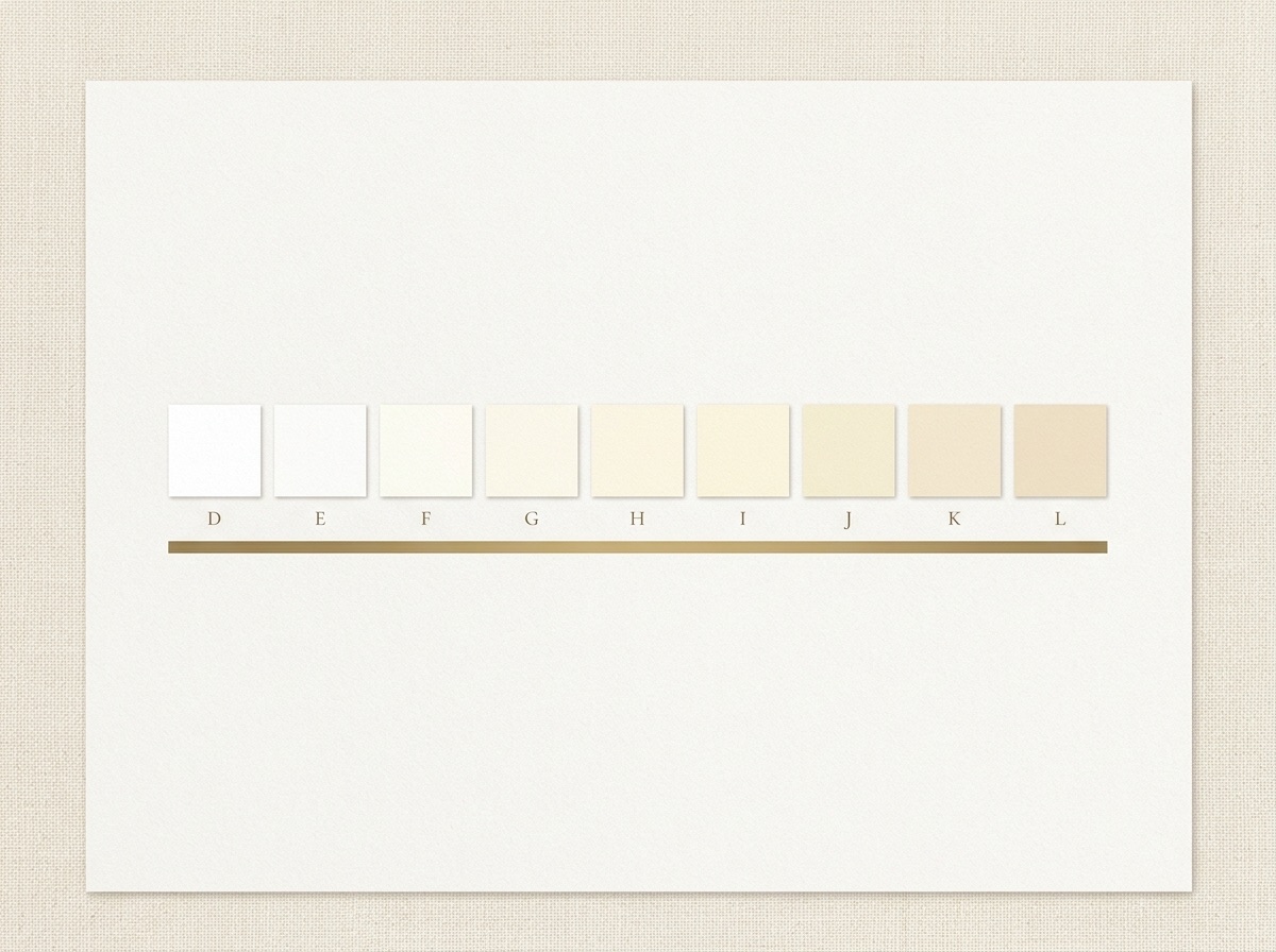 Abstract diamond color-grade scale reference card showing graduated chips from D to L on a cream and oat background with a brass accent line