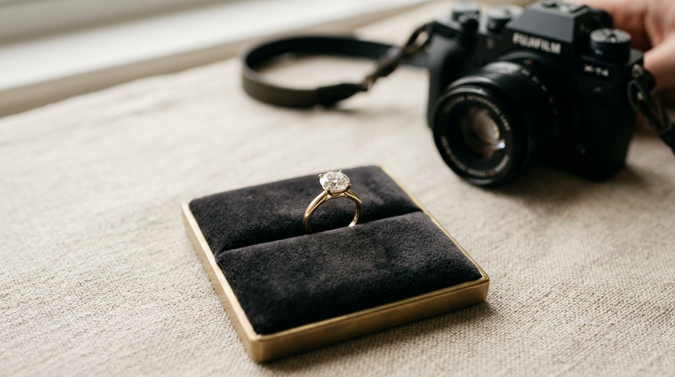 Jeweler examining a cast ring under a loupe on a cream linen worktable during quality inspection