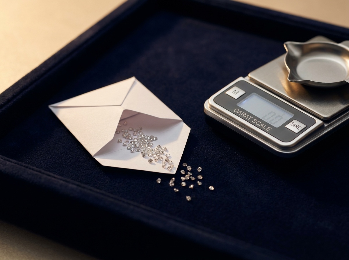 A folded diamond parcel paper with loose natural melee diamonds beside a digital carat scale, ready to ship same day