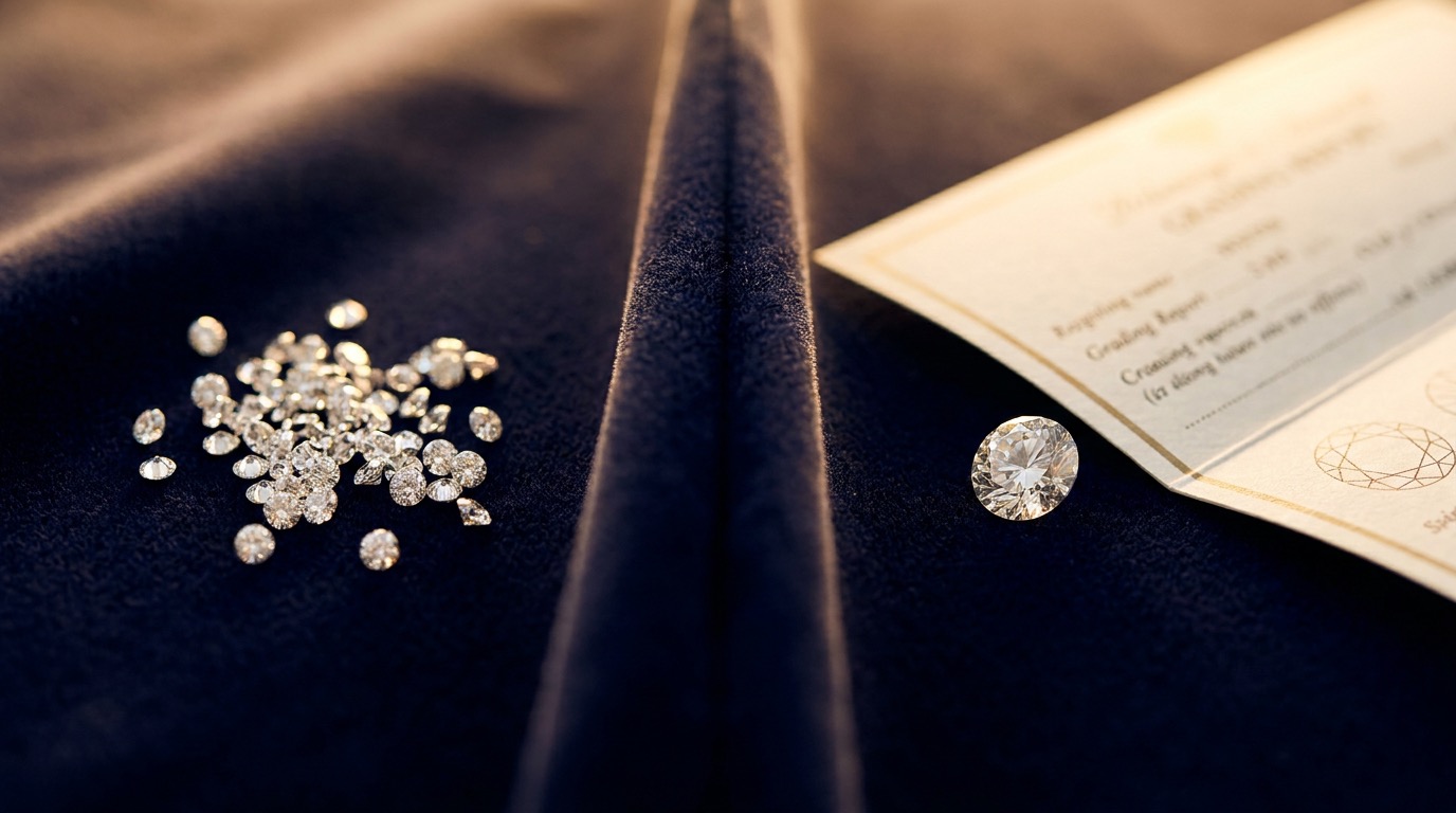 A loose natural melee diamond parcel beside a single larger certified diamond and its grading report on navy velvet