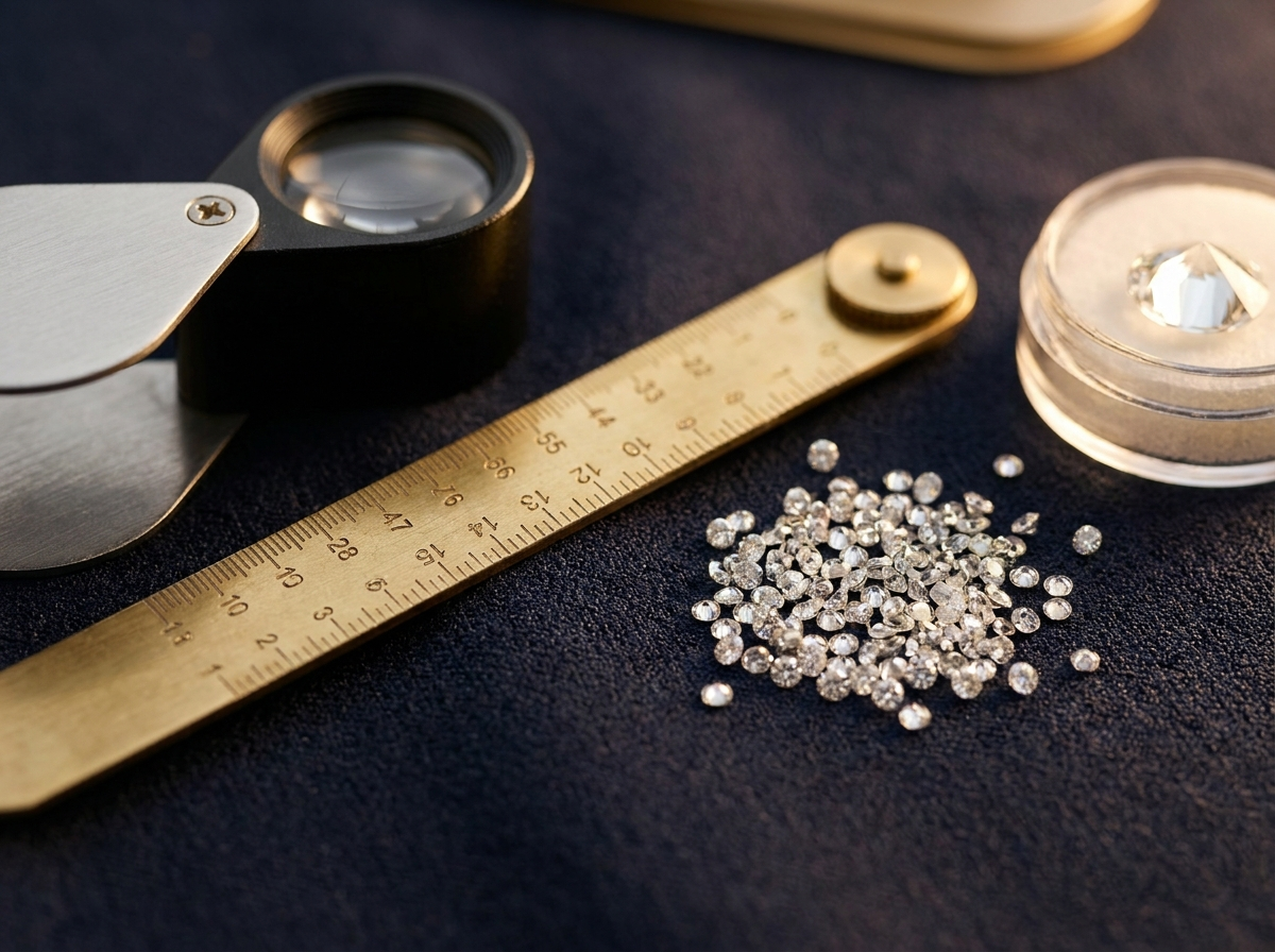 jeweler's loupe and gauge sorting natural melee diamonds against a master stone, editorial trade-desk still life