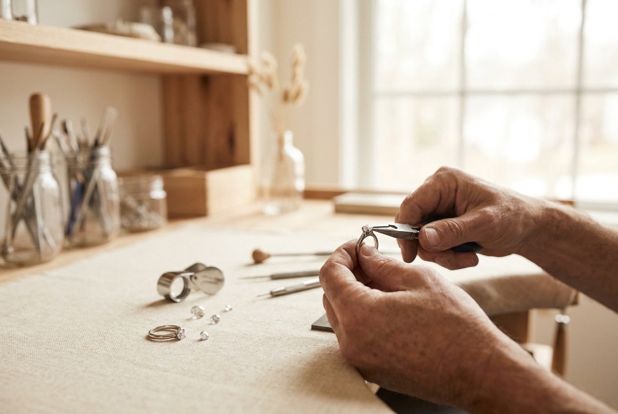 Display case of finished rings with a markdown price tag, illustrating obsolescence and markdown risk on unsold jewelry stock