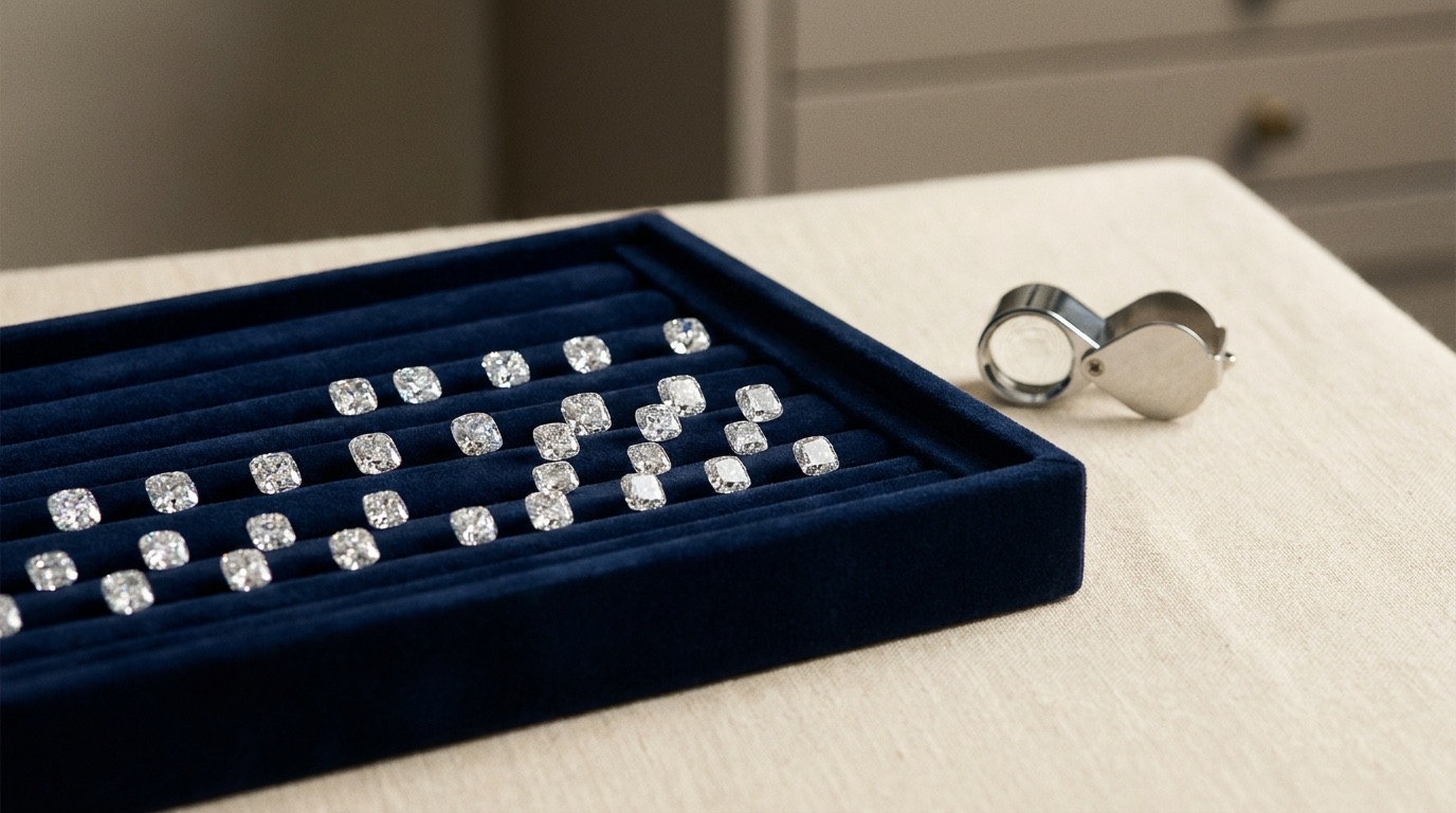 Cushion cut lab-grown diamond loose stones on cream linen, pillow-shaped outline detail