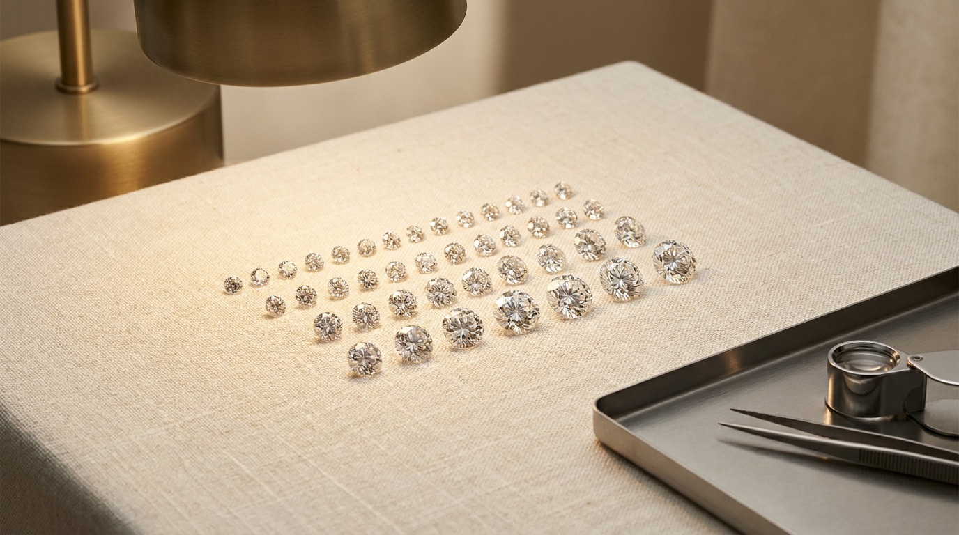 Engagement ring display case with several diamond rings on velvet at a retail jewelry counter