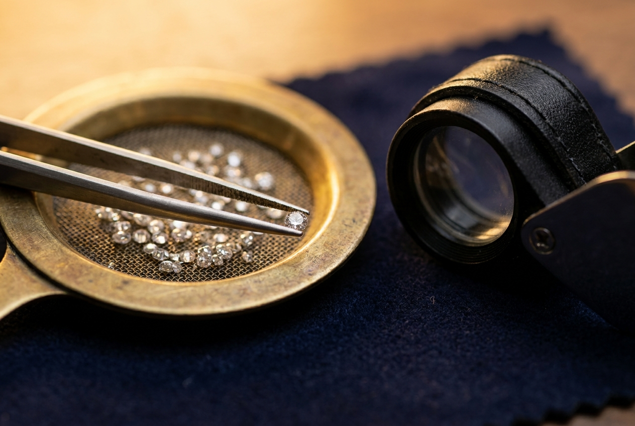 jeweler's tweezers picking a loose natural melee diamond from an open sieve plate next to a loupe