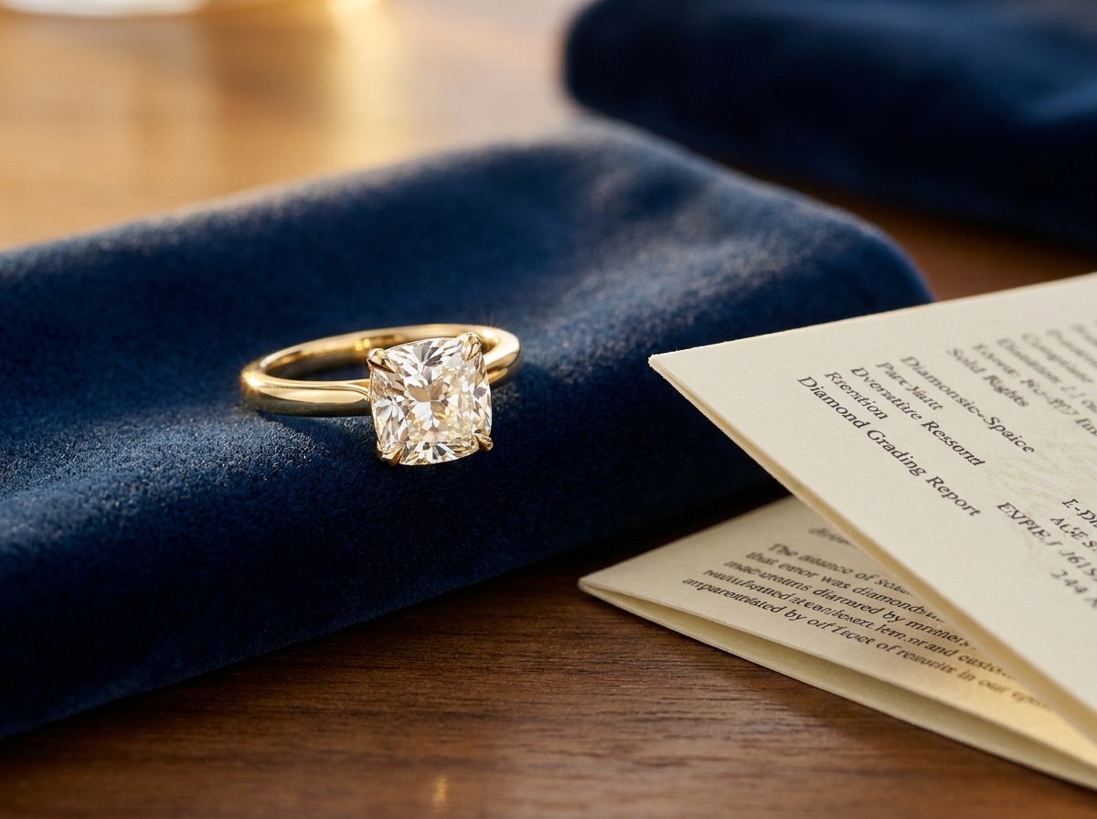 A finished engagement ring with a single certified natural diamond center stone on navy velvet, grading report resting beside it