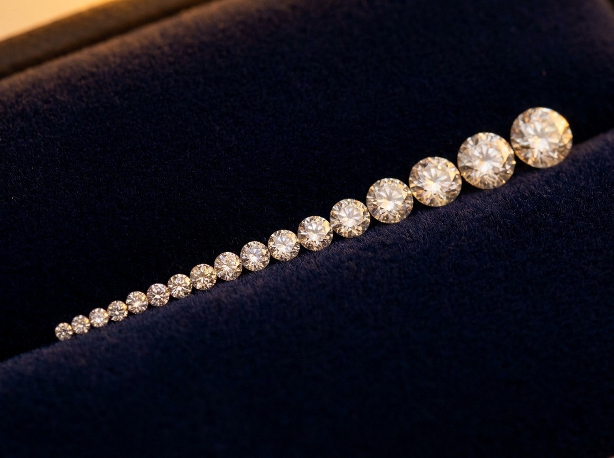 Loose round natural melee diamonds arranged in a size gradient from small to large on navy velvet, illustrating price rising with size