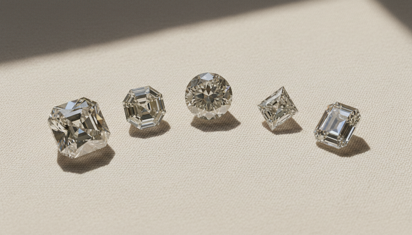 A row of distinctly shaped loose antique-cut diamonds including old mine, old European, hexagon, moval, kite and lozenge shapes