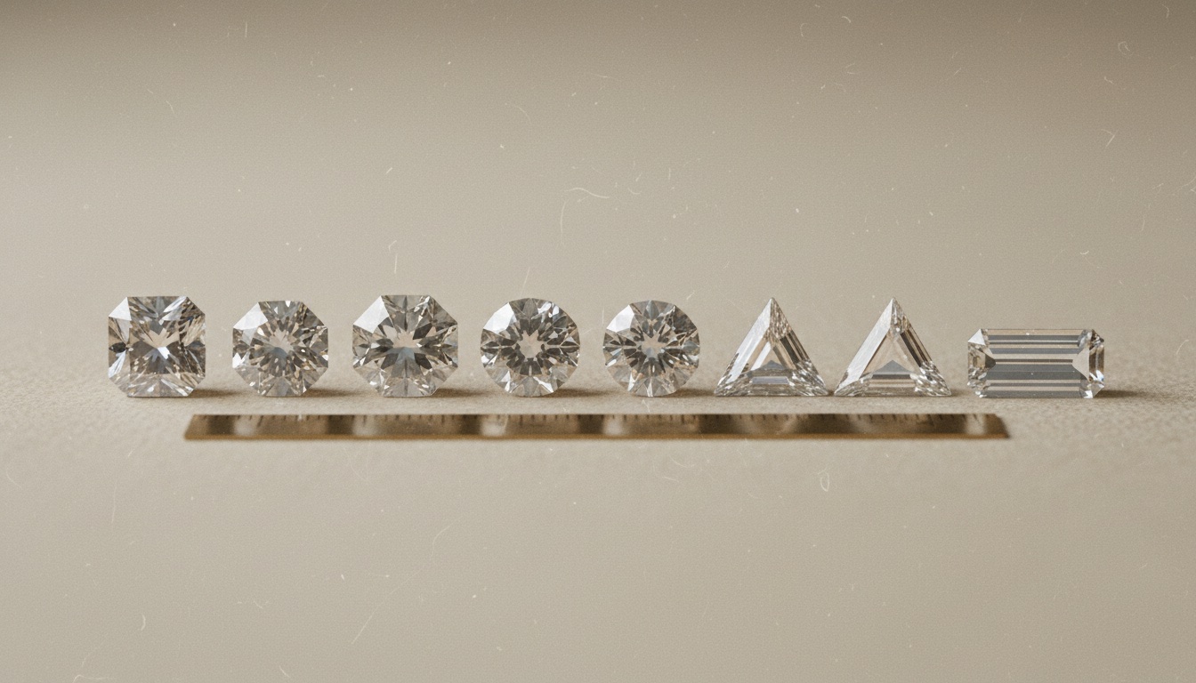 A row of nine distinctly shaped antique-cut loose diamonds arranged on a warm bone plaster surface
