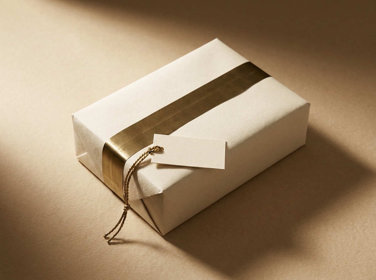 Flatlay of unbranded packaging materials in cream and brass tones