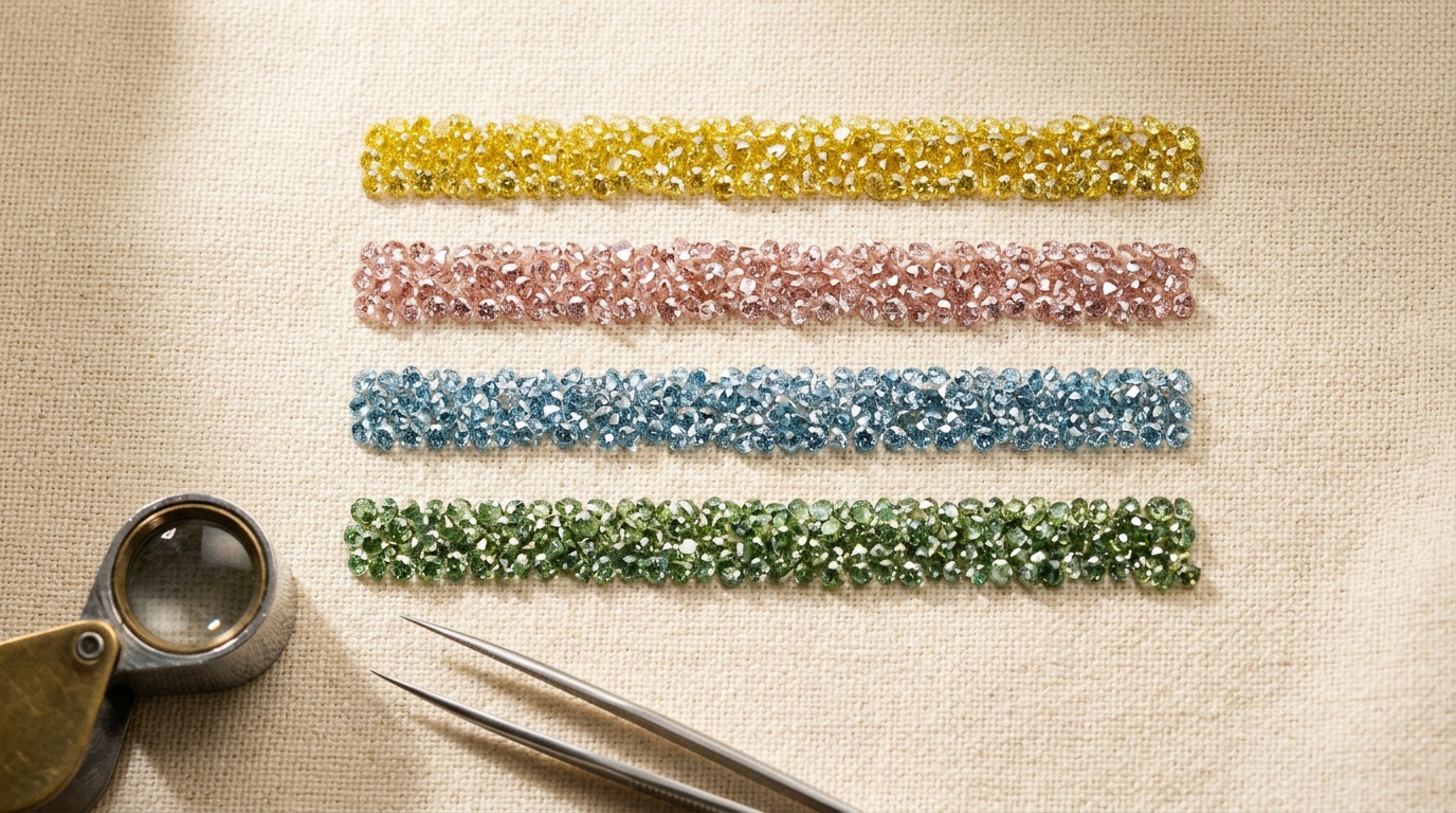 Finished halo ring set with a matched fancy color melee parcel showing consistent yellow hue across every accent stone