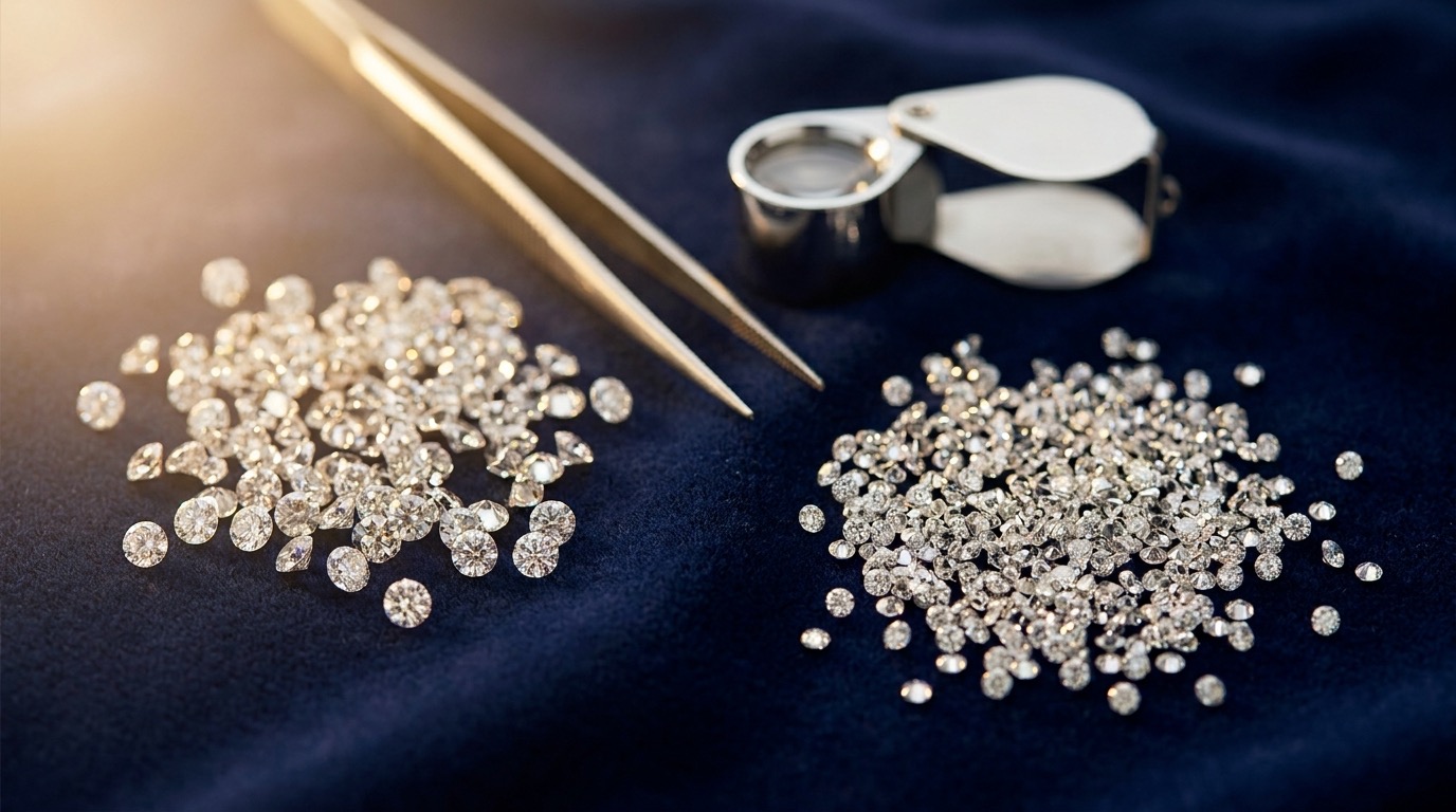 Two small parcels of loose round melee diamonds side by side on navy velvet, one natural and one lab-grown, with a jeweler's loupe and tweezers