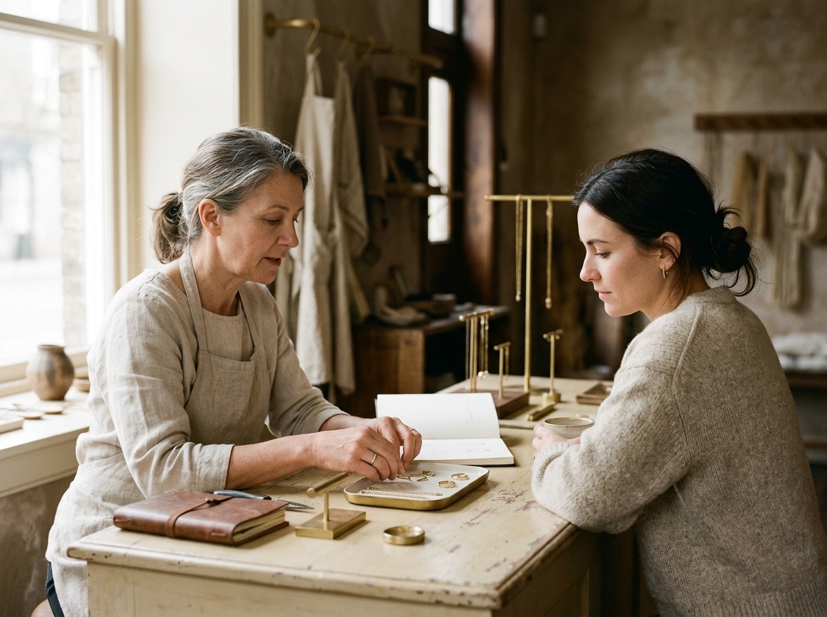 Two people shaking hands across a warm cream and brass toned jewelry counter, representing a trade-account consultation between a wholesale supplier and an independent retailer