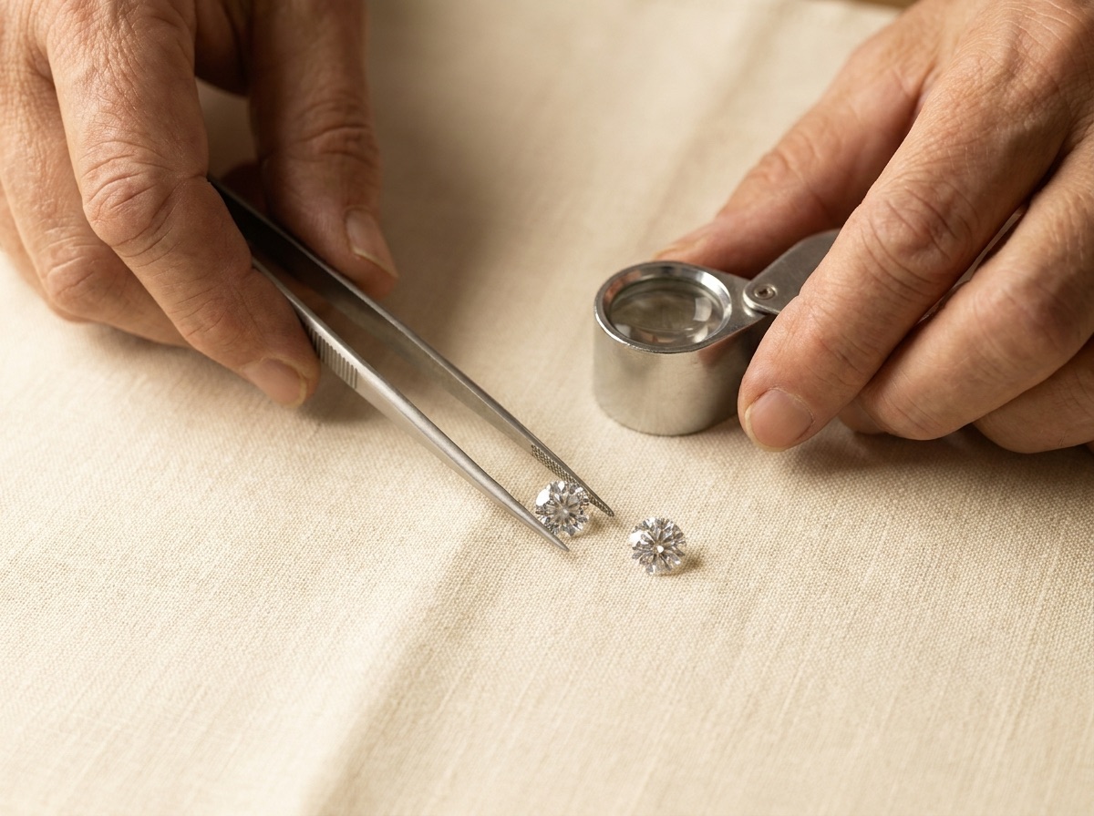 Wholesale jeweler reviewing a scored supplier evaluation checklist against loose diamonds on a desk