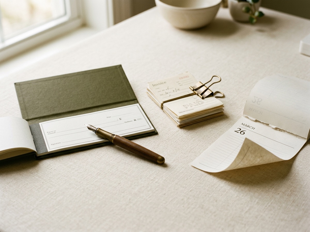 Flat lay of an open manila folder with business paperwork, a blank letterhead, a government ID card, and a brass letter-opener on a linen desk
