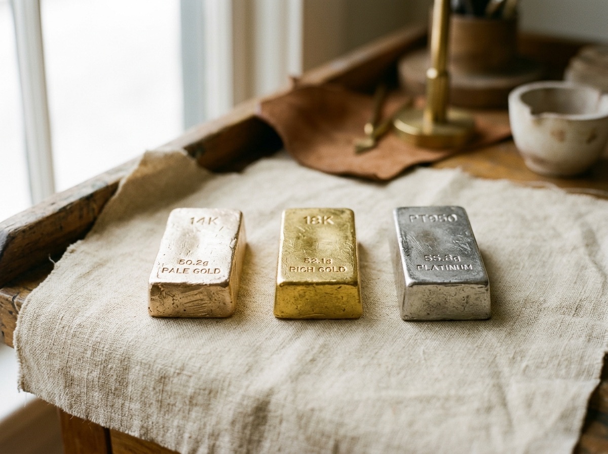 Unset ring shank blanks in gold and platinum tones arranged on a cream linen surface