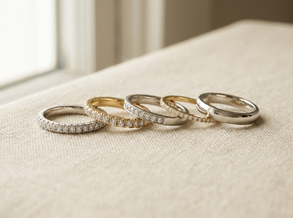 Finished eternity and wedding bands lined up in a row on a jeweler's display tray showing consistent stone coverage across sizes