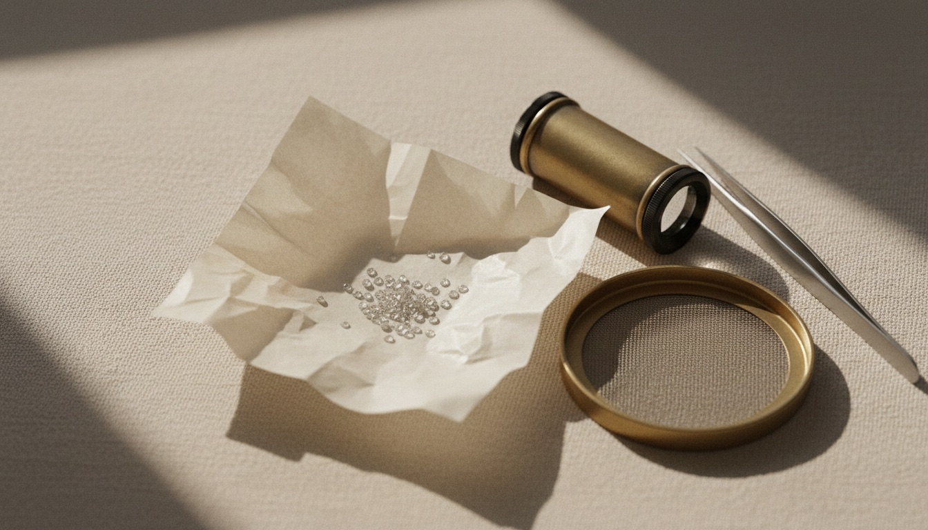 Open parcel paper of loose melee diamonds with a jeweler's loupe, tweezers and brass sieve plate