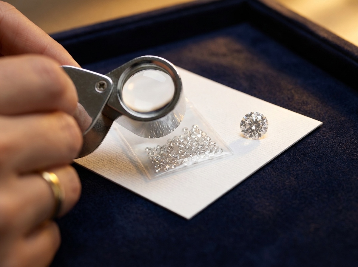 A jeweler's loupe held over a diamond master stone next to a graded parcel of loose natural melee on a grading card